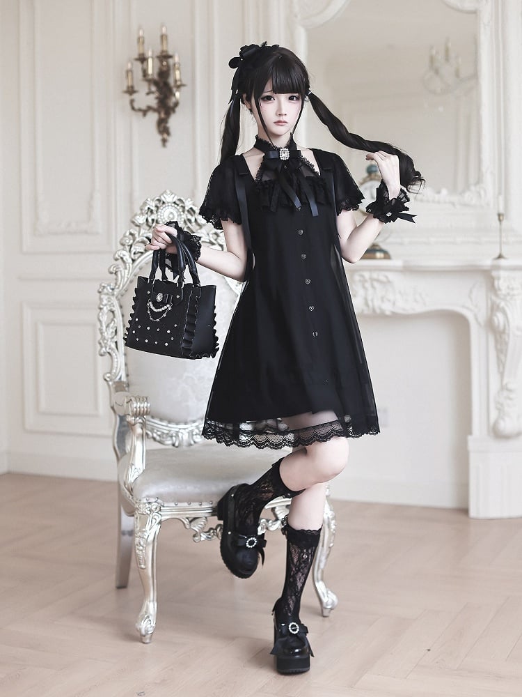 Gothic Halter Dress with Lace and Bow Details - Ekomi