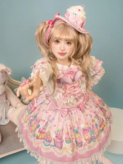 and Pink Sweet Lolita Bunny Print Dress Overall White Cupcake