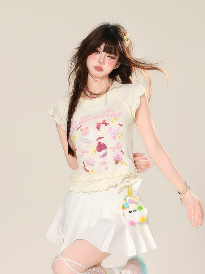 Glamorous Dessert Print Ruffled T-shirt Sweet Trim Pink/Apricot