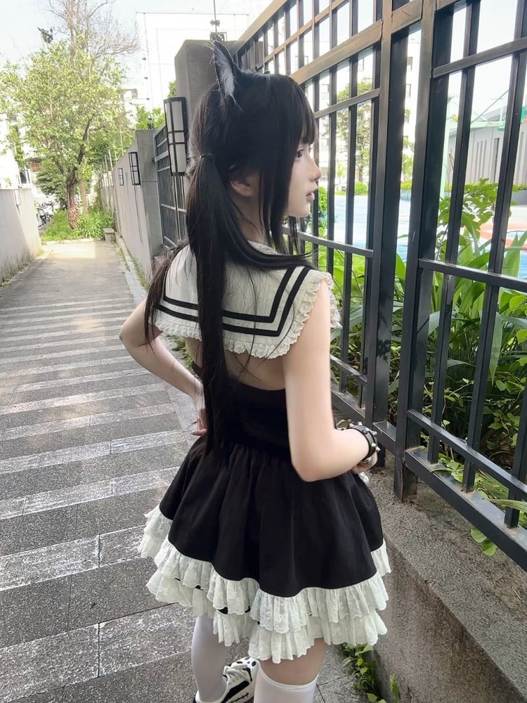 Black - Dollcore Open Dress Back Sailor White Trim Collar Lace Sleeveless Tiered Alternative
