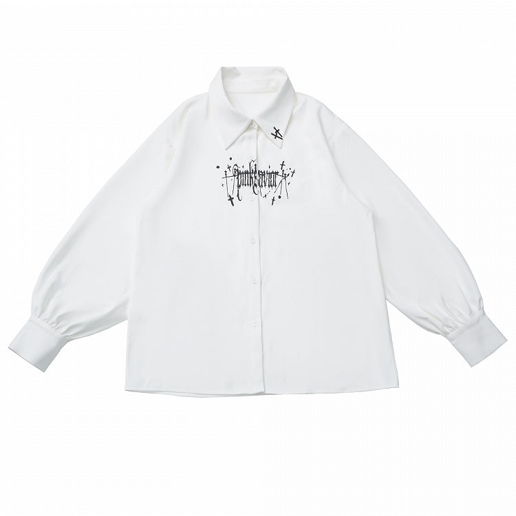 Gothic Casual Cross Shirt Print Incantation Longline/Short White with