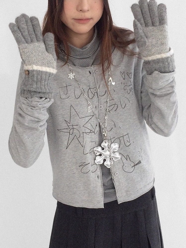Neck Button Front Print with Cardigan Round - Grey Kawaii Letter Bunny Daily