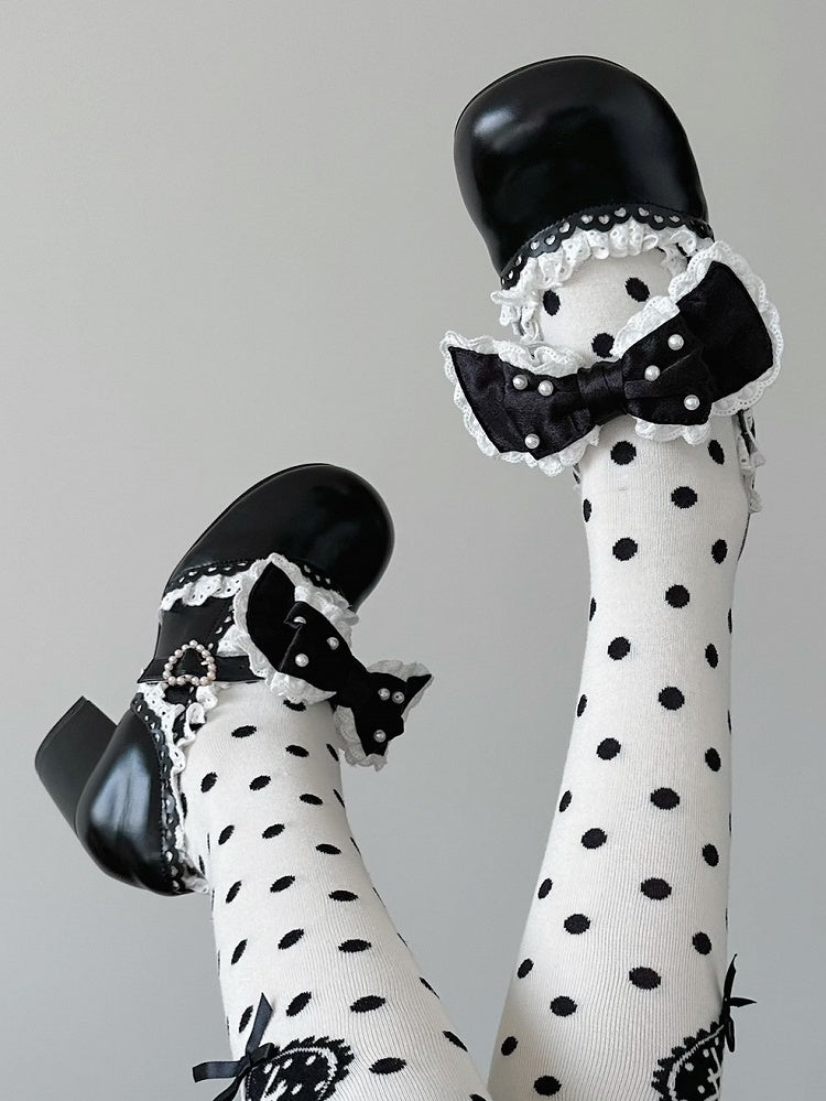 Bow Sweet Beaded Accent Scalloped-Edge with Mary Black Strap Buckle Decorated Leather - Janes Lolita PU