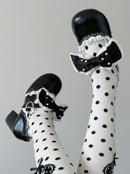 Bow Sweet Beaded Accent Scalloped-Edge with Mary Black Strap Buckle Decorated Leather - Janes Lolita PU