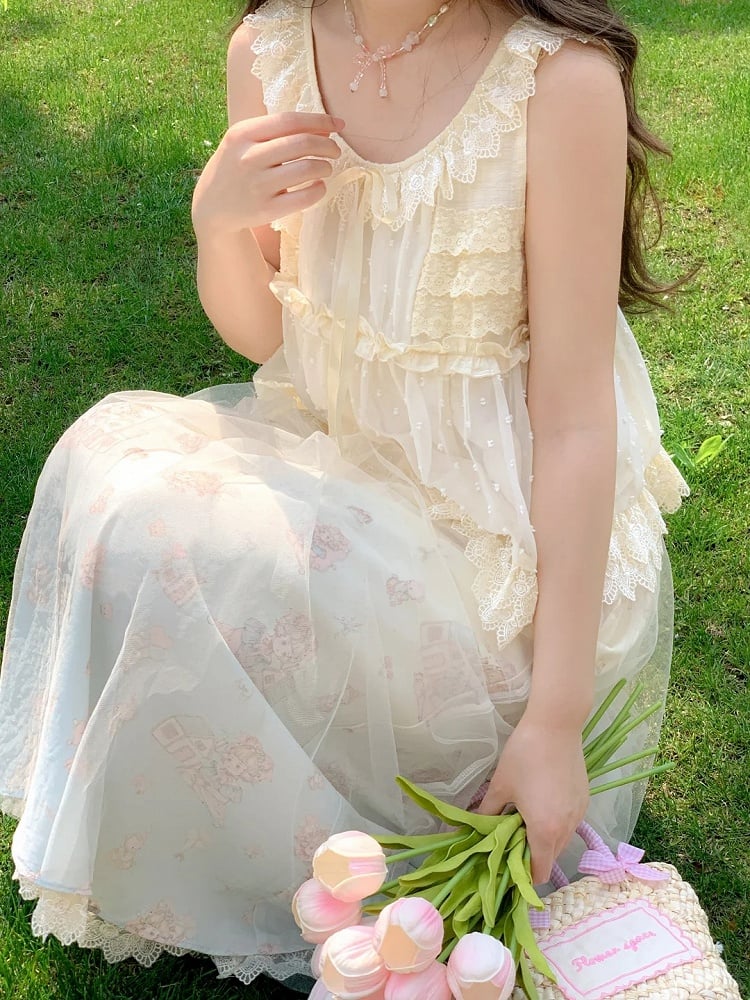 with Overlay Mesh Beige Elastic Waist Cute Cartoon Print Skirt