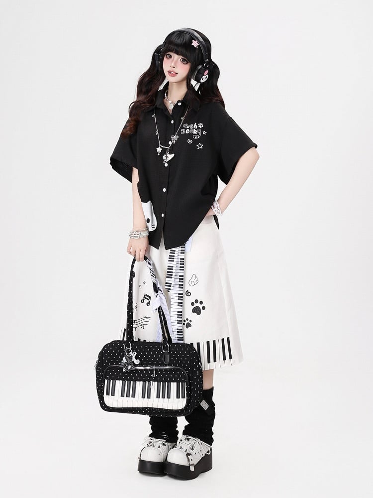 Piano Key Print Wide-Leg Pants with Belt Set - CRAZY GIRL