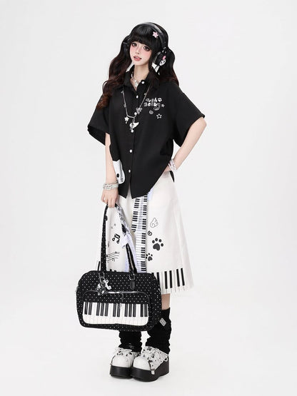 Piano Key Print Wide-Leg Pants with Belt Set - CRAZY GIRL