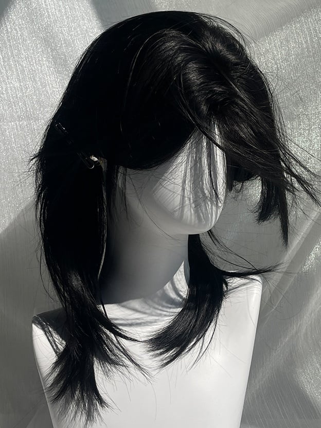 Black Above Bust Length Straight Synthetic Wig With Curtain Bangs