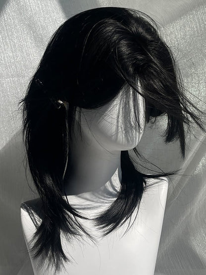 Black Above Bust Length Straight Synthetic Wig With Curtain Bangs