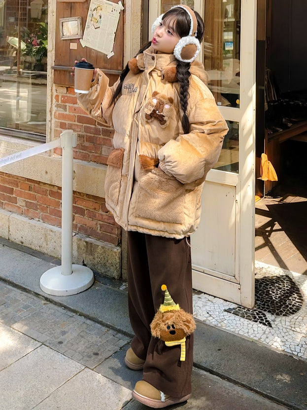 Khaki Cute Capybara Adorned Hooded Down Jacket Detachable Hood