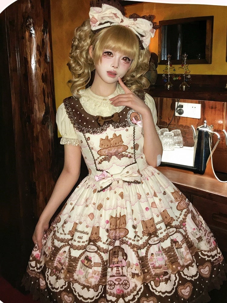Sleeves Lolita Floral with Puff JSK Theme Cat Dress Sweet Chocolate Print