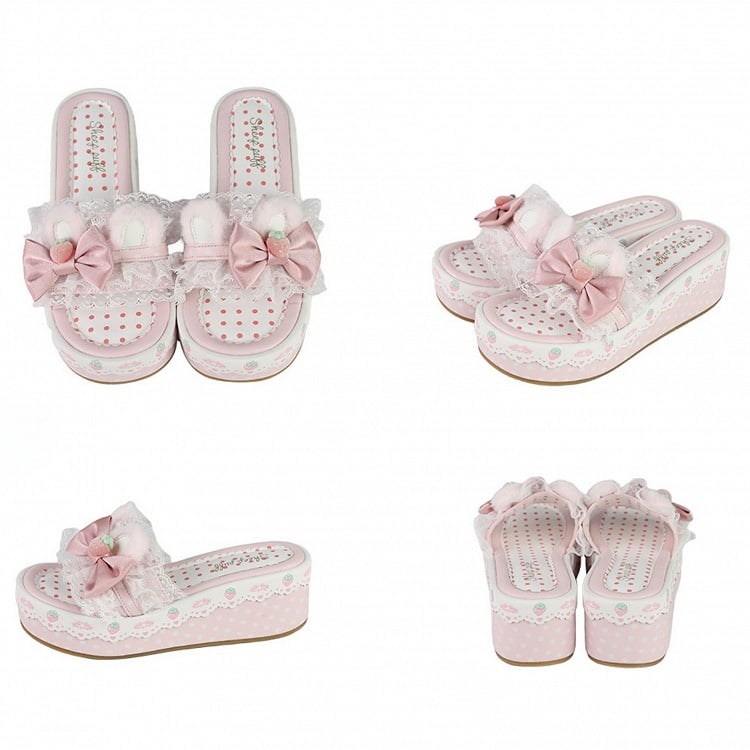 Sweet Accents Lolita Bunny Bow Pink Plush Slippers Ear Trim Platform Lace