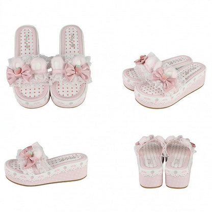 Sweet Accents Lolita Bunny Bow Pink Plüsch Hausschuhe Ohr Trim Plattform Spitze