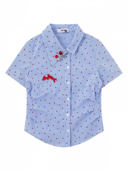 Heart Print Blue Asymmetrical Dolphin Embroidered Shirt - Languid Park