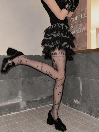 Collants imprimés nude / musicaux semi-transparents Black Note