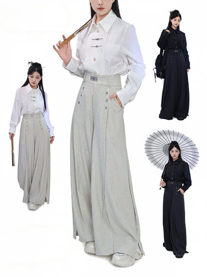Metal Frog Button Accent Pleated Accordion Shirt in Black with Long Sleeves - Feng Hua Gui Guo Ling