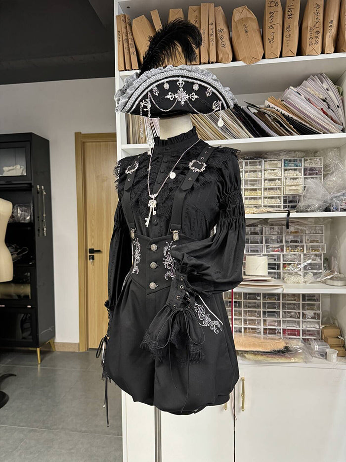 Black Ruffle Neckline Leg-of-Mutton Sleeves Blouse