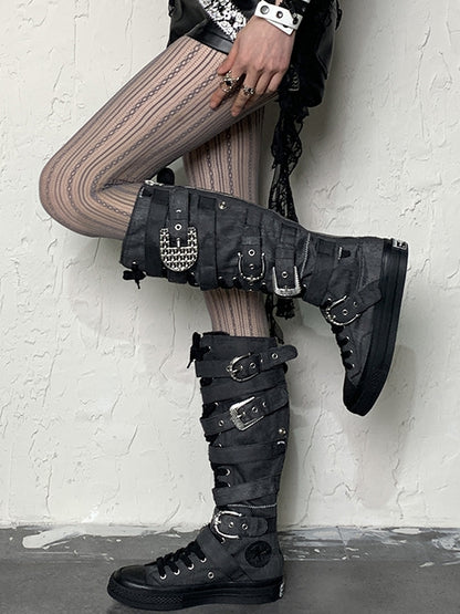 Hollow-out Tights Striped Pattern Gray Design Y2K