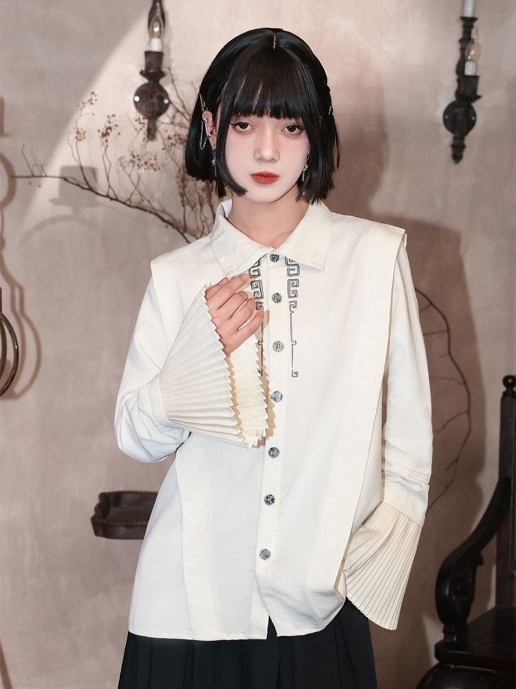 Gothic Sleeve Embroidery Cheongsam Convertible Pleated Collar Bell with White Bronze Regular/Thicken Blouse