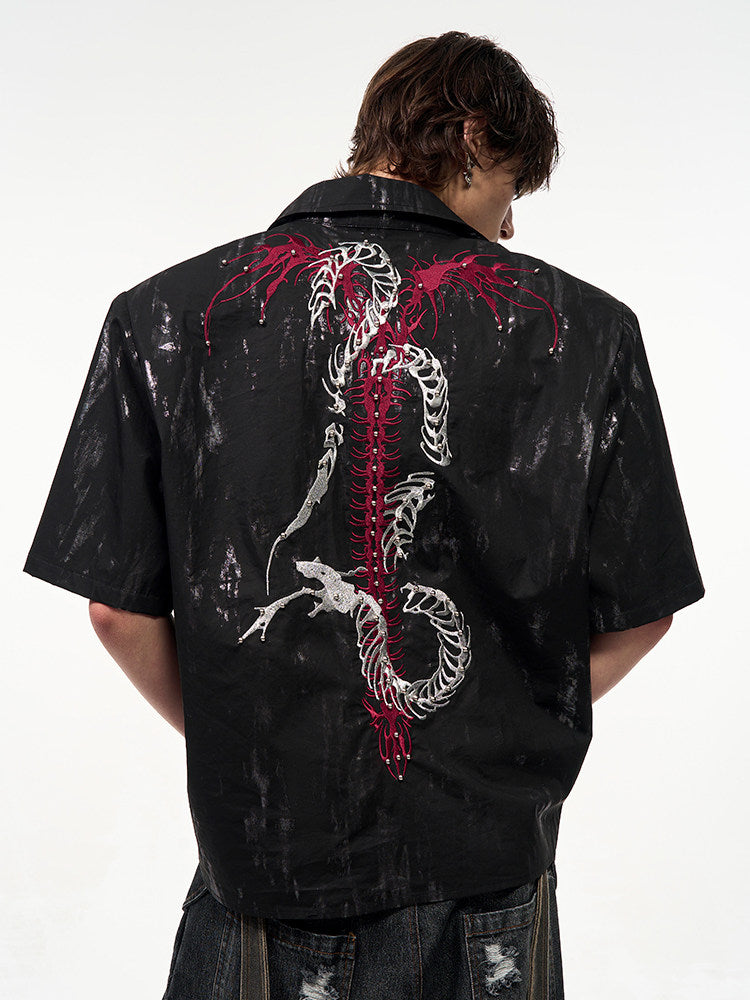 Studs Unisexe à - Chemise à Manches Courtes Motif Serpent Osseux Embellissement Noir