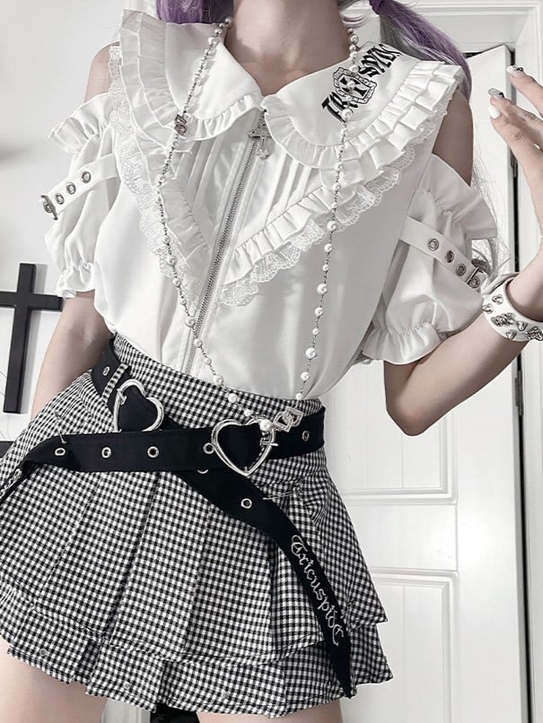 Ruffle Cut-Outs Triangular with White Chest Sleeve Short Gothic Shirt Accents Shoulder Puff