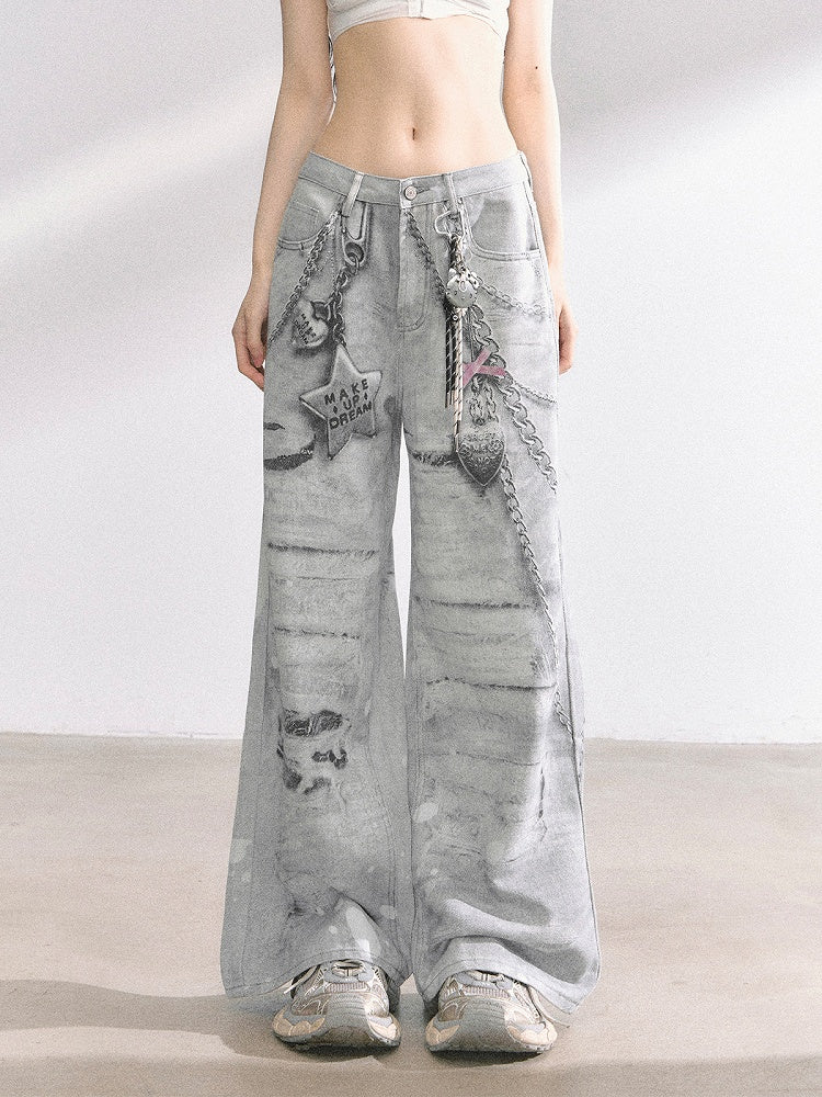 Hellgraue Jeans mit weitem Bein und niedriger Taille und Kettenmuster im Used-Look