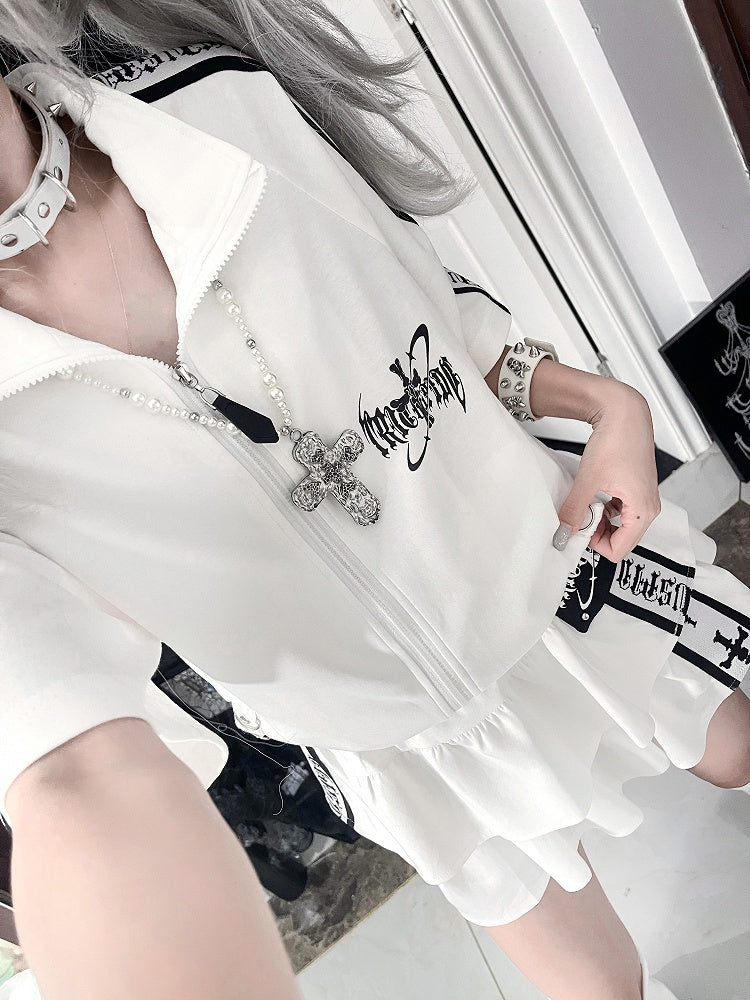with Jacket Short Cross White Stripes Zip-Up Punk Text Sleeve Print Black