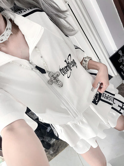 with Jacket Short Cross White Stripes Zip-Up Punk Text Sleeve Print Black
