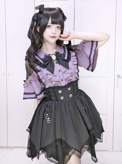 Black and Purple Lace Cut-Out Shoulder Butterfly Sleeve Blouse with Bow Tie - Dream Core Waves