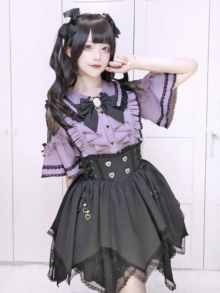 Purple Jirai Kei Cut-Out Shoulder Blouse with Bow Tie - Dream Core Waves