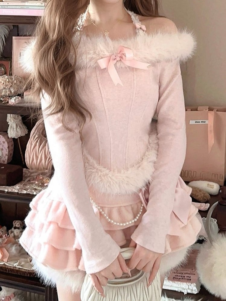 Pink Off-Shoulder Knit Top With Faux Fur  Charming Bow Accent