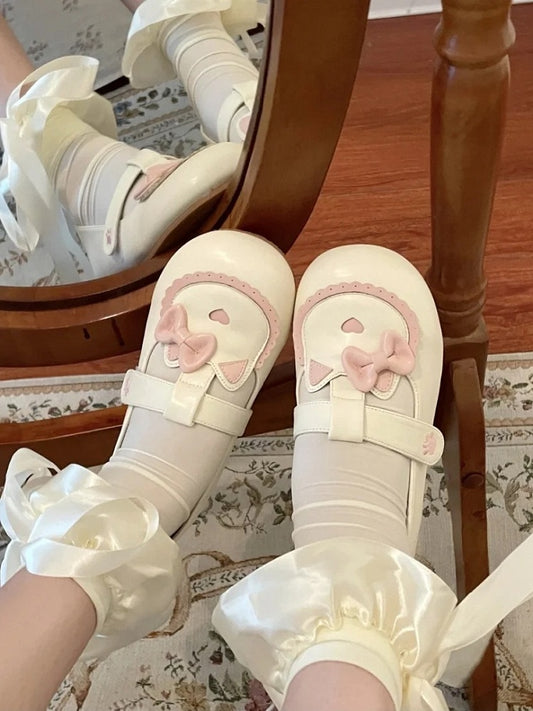 Flat T- with Beige Cat Paw Cute Lolita Strap Embroidered Sweet Kitty Shoes