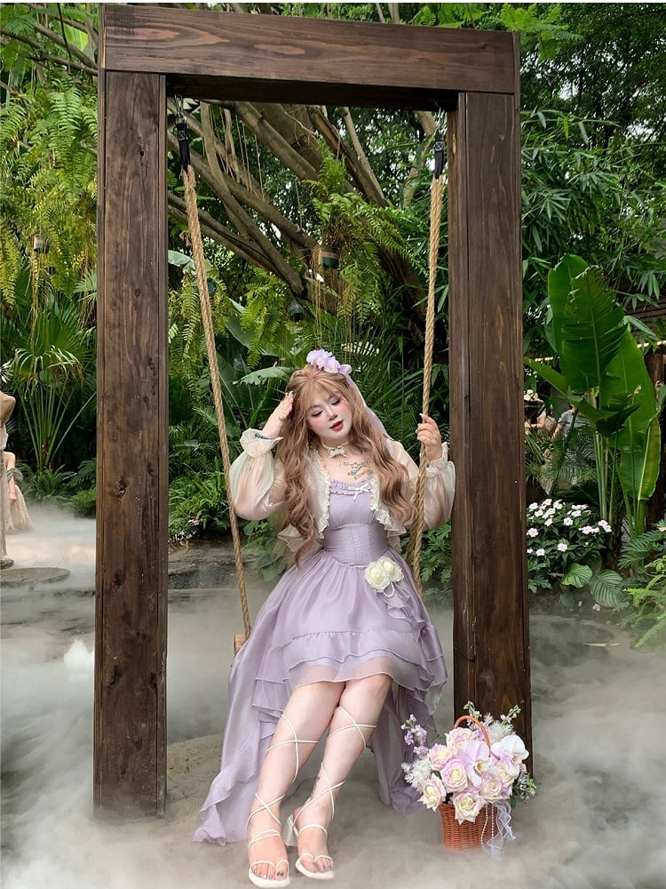 Purple Rose Themed High-Low Skirt Dress with Asymmetrical Train - Hard Candy