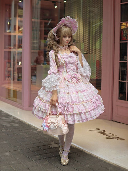 with Accents Floral Sleeves Print Lolita Dress Bow Lace Bell and Trim Pink OP