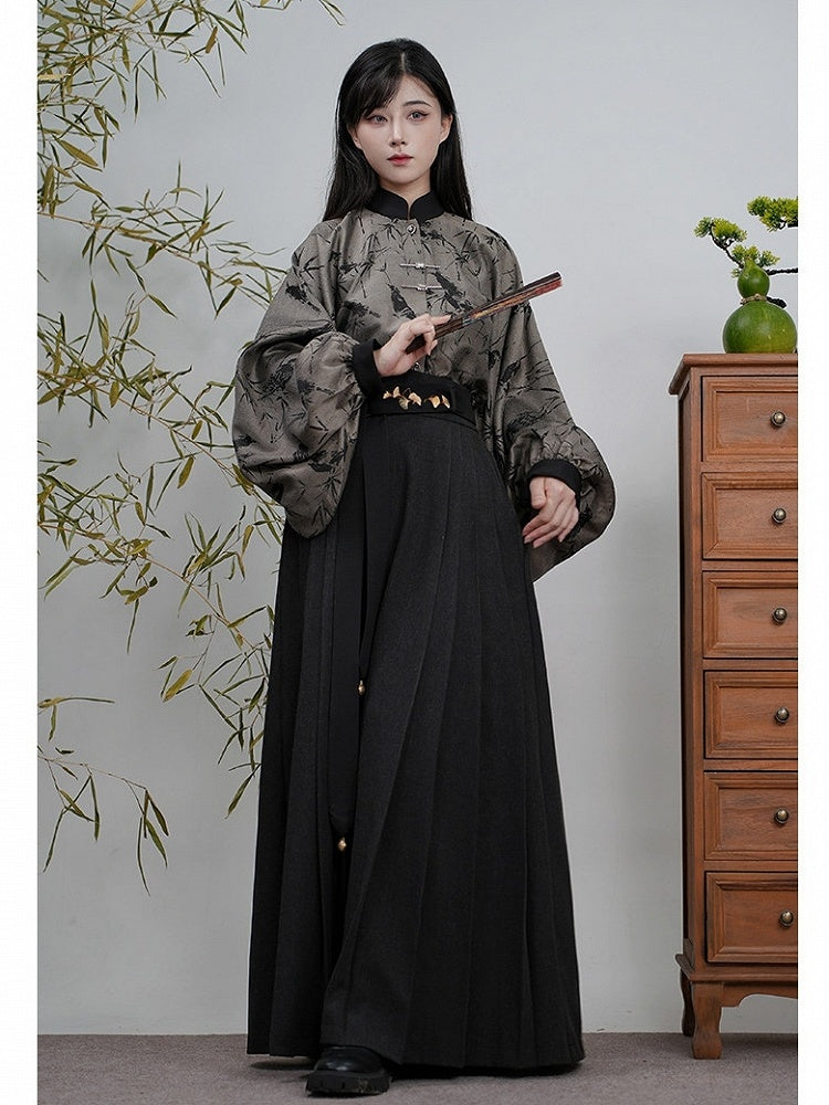 Pleated Style Detail Skirt Chinese with Waistband Elastic Black