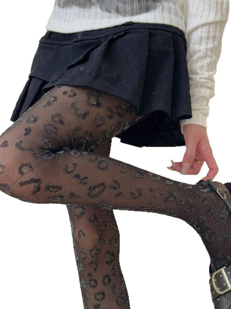 Semi-Sheer Pantyhose Glitter Print Leopard