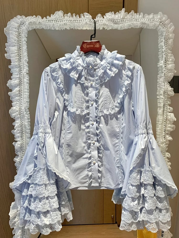 Lace Sleeves Blouse Cotton Bell Gorgeous Layered Lolita Blue