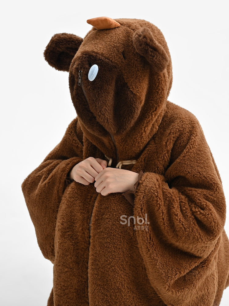 茶色のかわいいカピバラのフード付きジップ開閉フリースフード付きケープ
