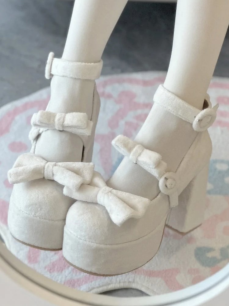 Classic Round White Velvet Bow High-heel Janes Buckle with Mary Detachable
