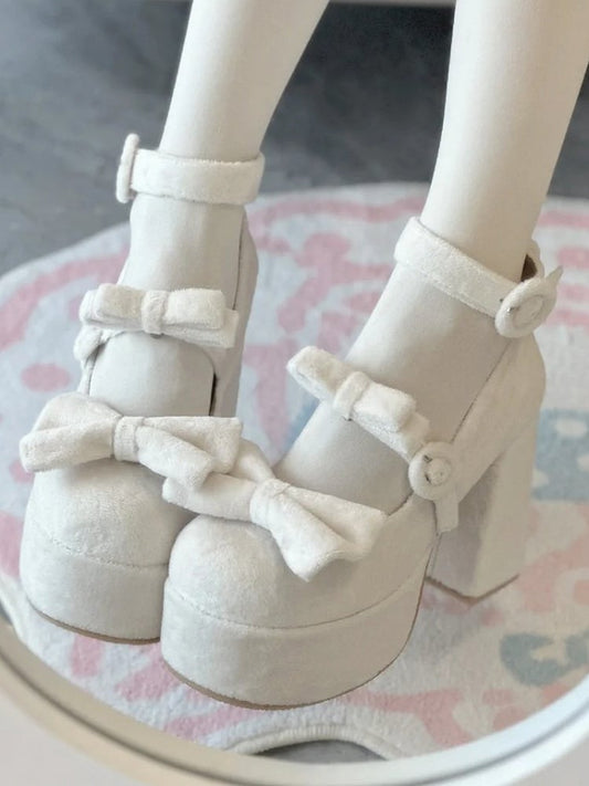 Classic Round White Velvet Bow High-heel Janes Buckle with Mary Detachable