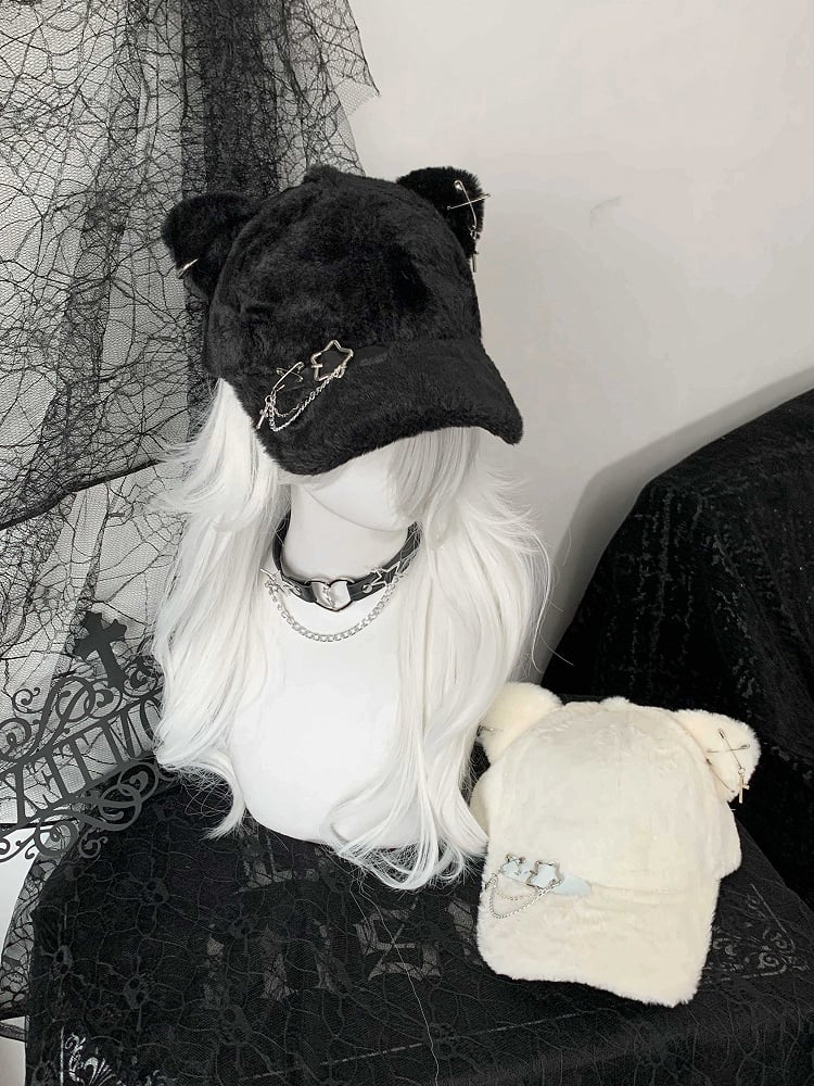 Punk - Cat-Ear Detail Japanese with Cap Cute Baseball Black Style Chain