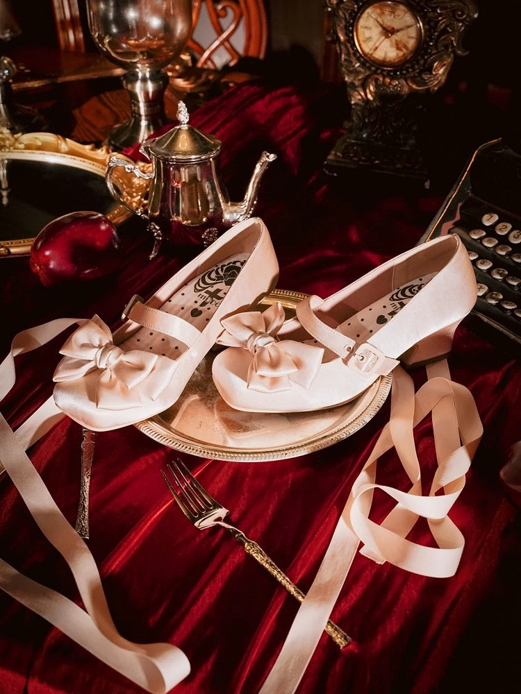 Toe - Ankle Square Top Janes Bow Mary Lolitacore Satin at Lace-up Beige