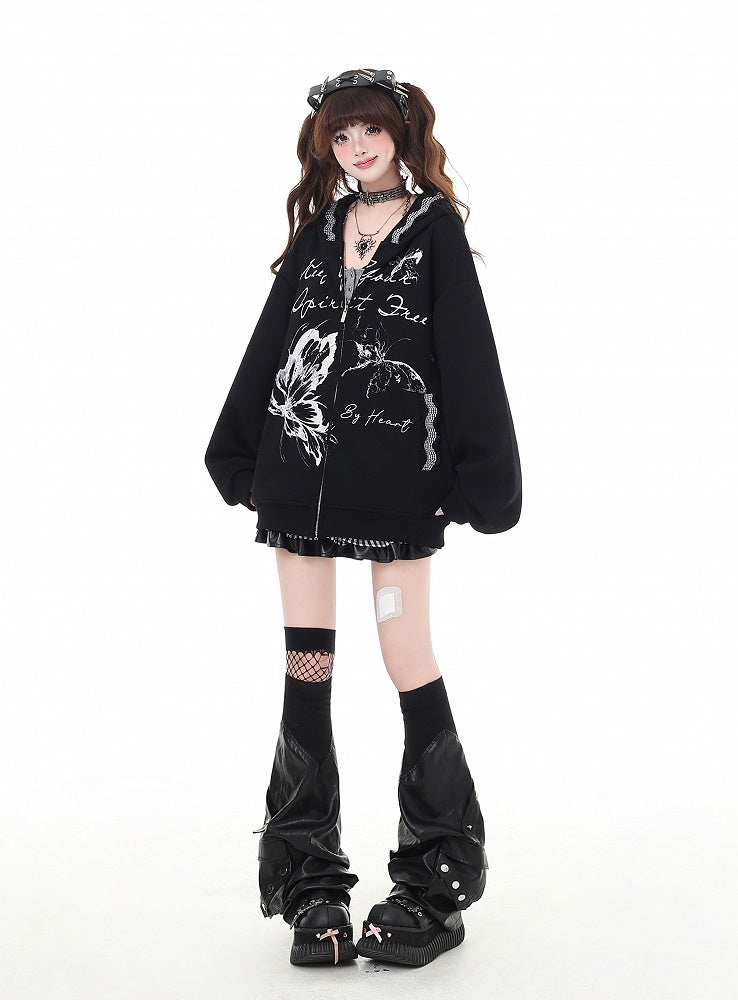 Hoodie Bittersweet Black Butterfly Print Zip Closure