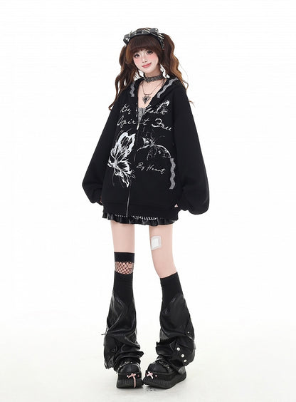 Hoodie Bittersweet Black Butterfly Print Zip Closure