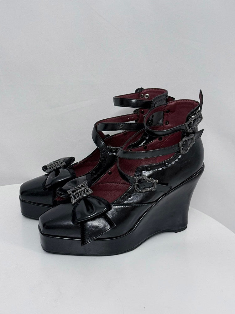 Elegant Gothic Lolita Black Shoes with Butterfly Bow & 10cm Slope Heel - sphenoid
