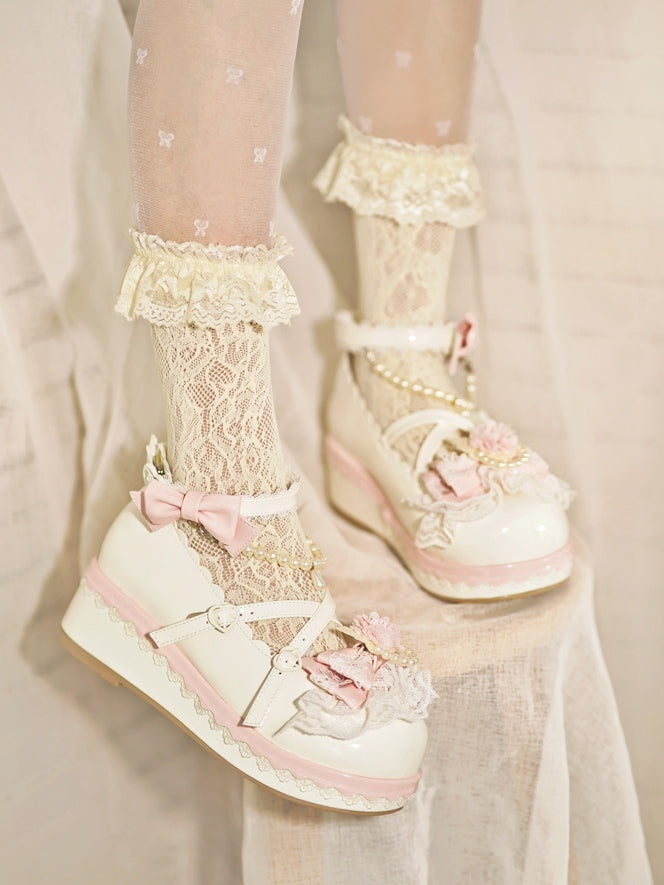 With Bow Beaded at Top Floral Design White Platforms Detachable Trim Lace Heart Chain Buckle