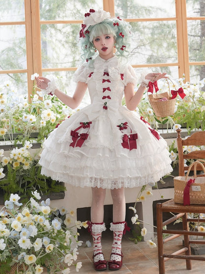 ホワイトストロベリープリンセスレイヤードフリルドレス、取り外し可能なパフスリーブ付きスイートロリータジャンパースカート