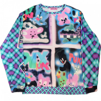 Blau/Rotes Sweatshirt mit Gyaru-Karomuster und Cartoon-Modedruck