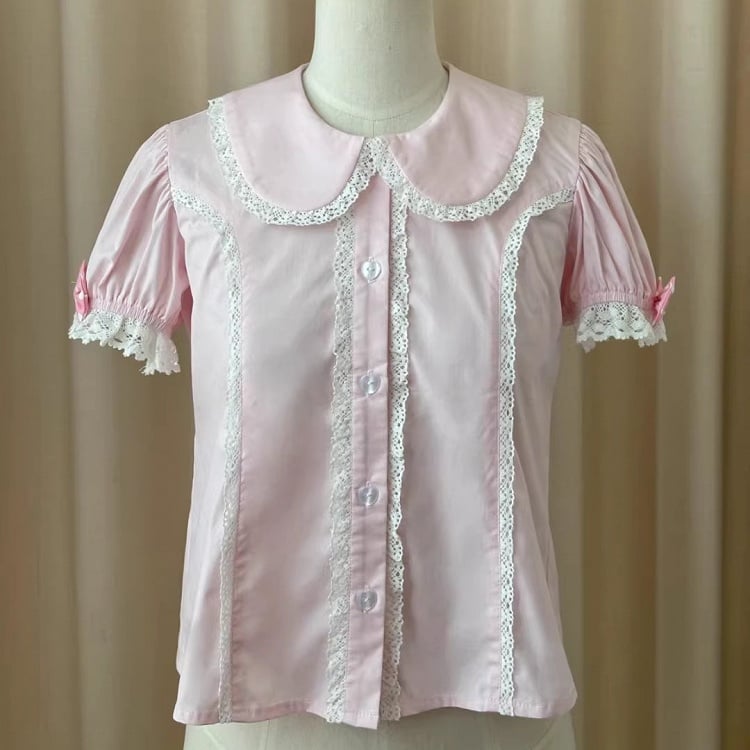 Rosa Bluse Ärmel Kragen Baumwolle Old Flat School Short Lolita Round
