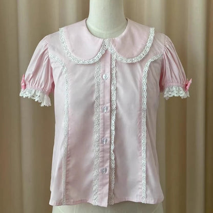 Rosa Bluse Ärmel Kragen Baumwolle Old Flat School Short Lolita Round